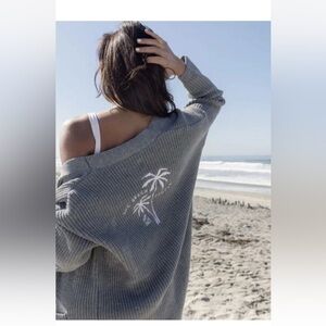 The Beach People Palm Tree Gray Open Front Cardigan Sweater XS/S